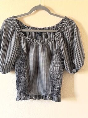 STATE Black & White Gingham Smocked Puff Sleeve Crop Top Size M